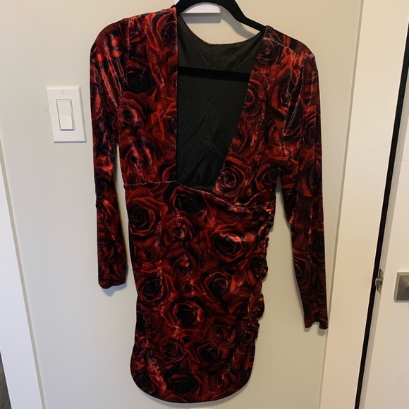 Velvet Ruched Rose 🌹 Print Mini Dress size M - Picture 4 of 7